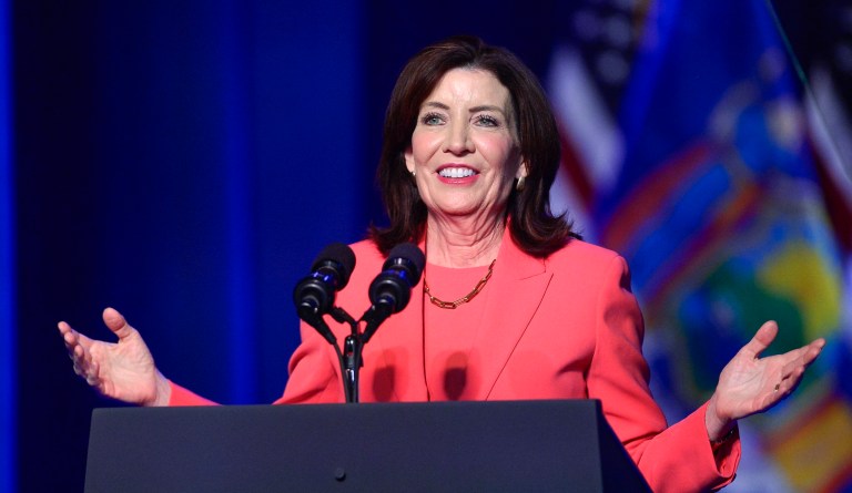 Gov. Kathy Hochul (D-NY) speaks before President Joe Biden arrives to deliver remarks on the CHIPS and Science Act at the Milton J. Rubenstein Museum in Syracuse, New York, Thursday, Apr. 25, 2024.