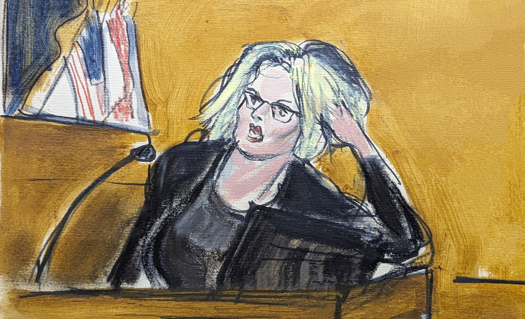 Stormy Daniels testifies in Manhattan criminal court, Tuesday, May 7, 2024, in New York, about the encounter in former President Donald Trump's hotel penthouse, showing how she found Trump in his bedroom lying on his bed. (Elizabeth Williams via AP)
