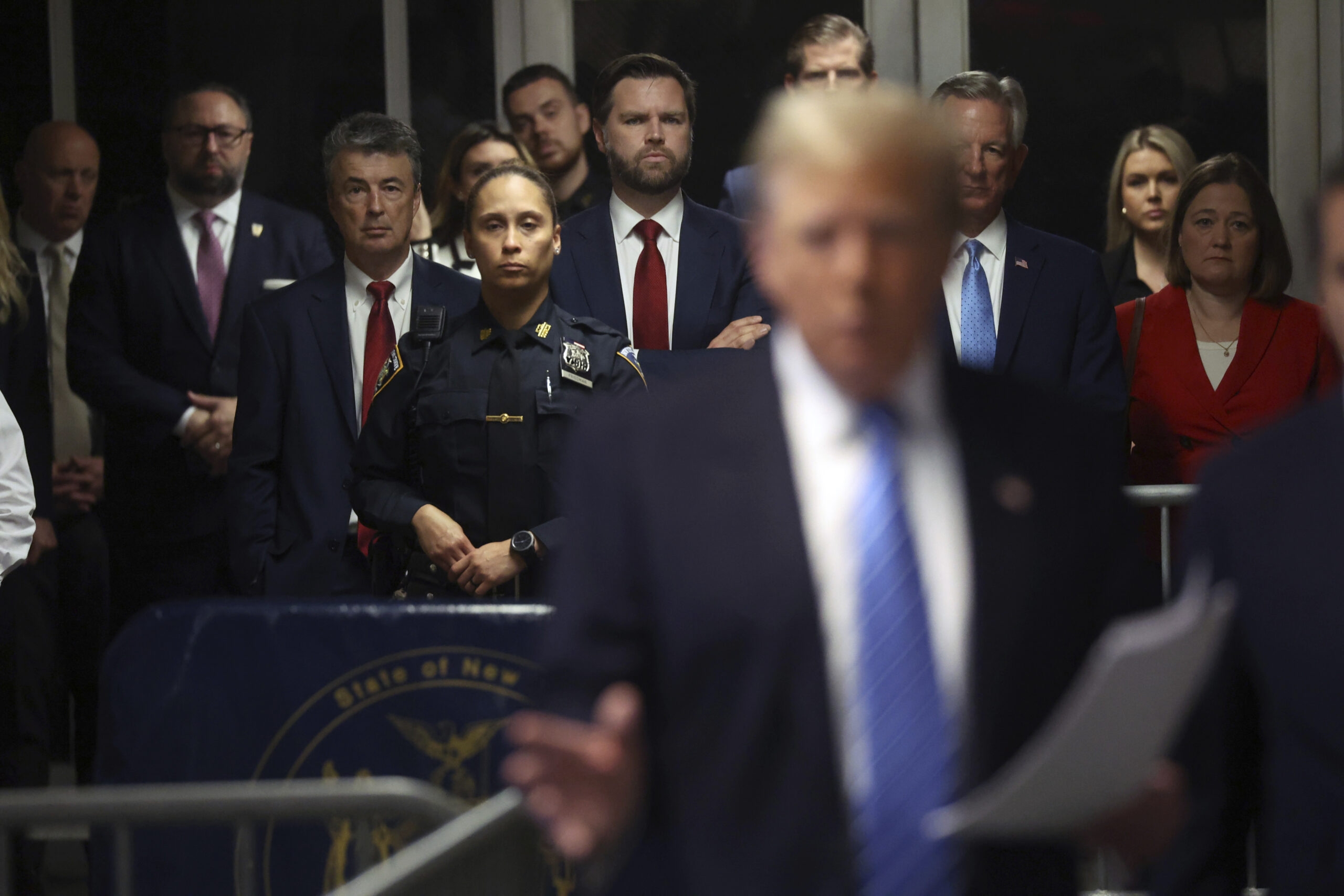 Trump allies Vance and Tuberville appear behind former president at New York courthouse