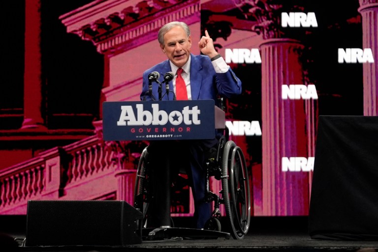 exas Gov. Greg Abbott speaks before former President Donald Trump arrives at the National Rifle Association Convention, Saturday, May 18, 2024, in Dallas.