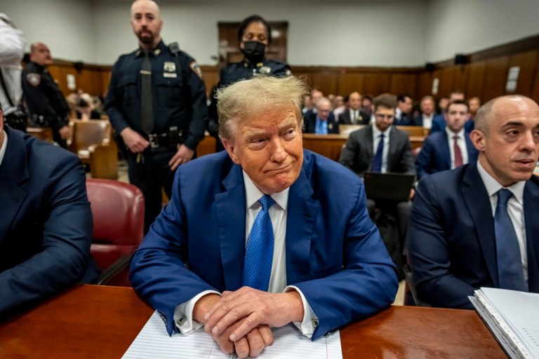 Former President Donald Trump sits in Manhattan Criminal Court during his ongoing hush money trial, Monday, May 20, 2024, in New York. (Mark Peterson/Pool Photo via AP)