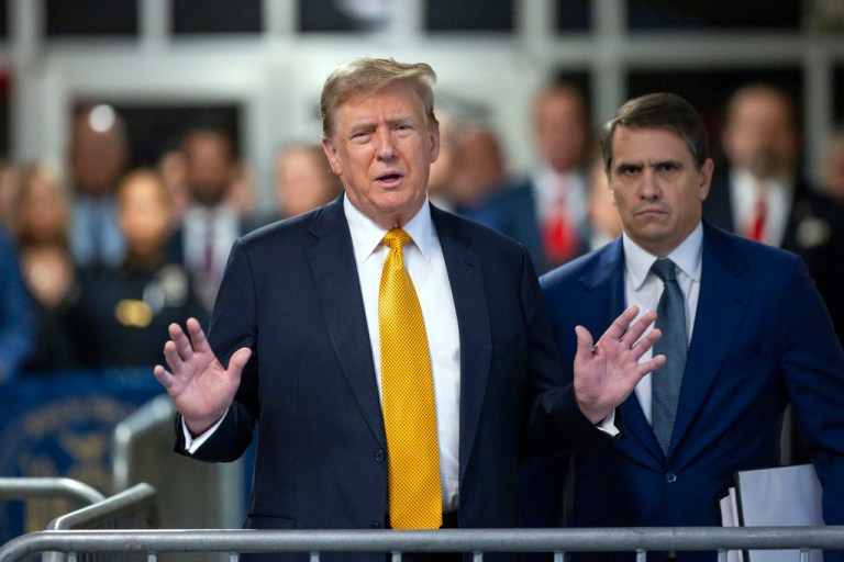 Former President Donald Trump speaks alongside his attorney Todd Blanche outside the courtroom in Manhattan Criminal Court, Tuesday, May 21, 2024, in New York. (Justin Lane/Pool Photo via AP)