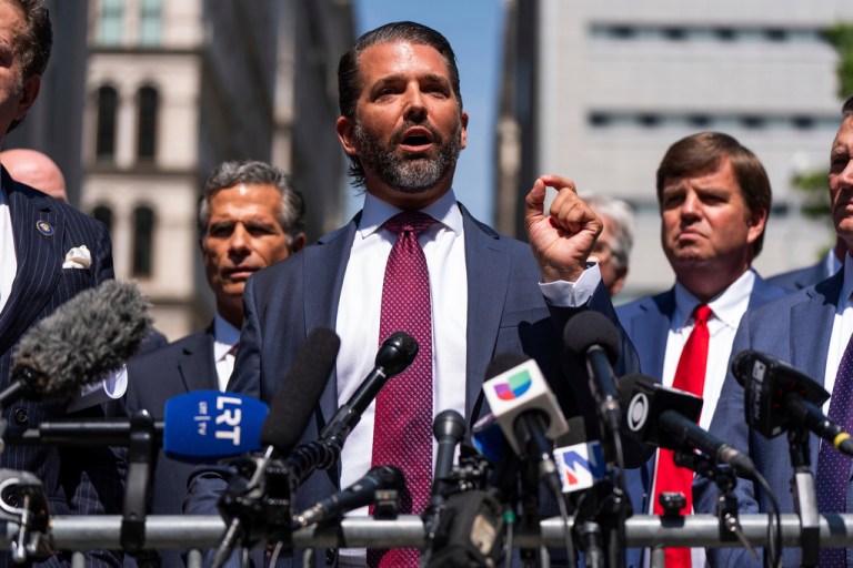 Donald Trump Jr. speaks outside Manhattan criminal court, Tuesday, May 21, 2024, in New York. (AP Photo/Julia Nikhinson)