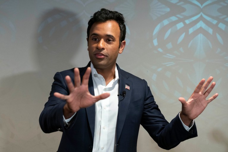 Vivek Ramaswamy talks to reporters at the Libertarian National Convention speaks during the Libertarian National Convention at the Washington Hilton in Washington, Friday, May 24, 2024. (AP Photo/Jose Luis Magana)