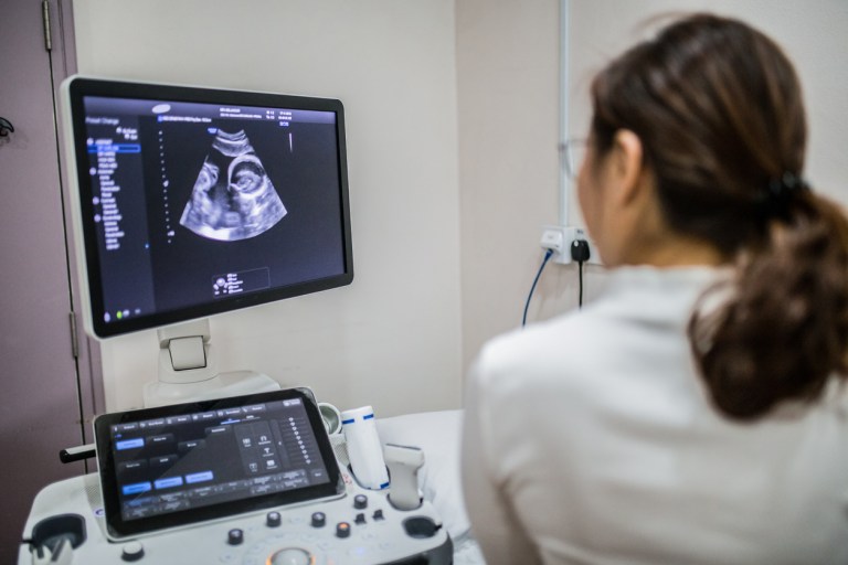 A doctor screens a pregnant woman in the hospital.