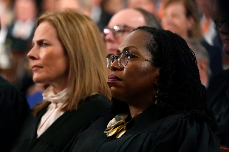 Justices Amy Coney Barrett and Ketanji Brown Jackson listen as former President Joe Biden delivers the State of the Union address to a joint session of Congress at the Capitol, Tuesday, Feb. 7, 2023, in Washington.