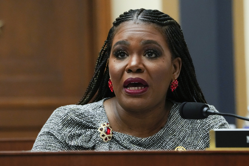 Rep. Cori Bush (D-MO) speaks during a House Judiciary Committee hearing with Department of Justice Special Counsel Robert Hur, Tuesday March 12, 2024, on Capitol Hill in Washington.