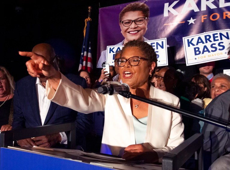 Mayor Karen Bass speaks in Los Angeles.