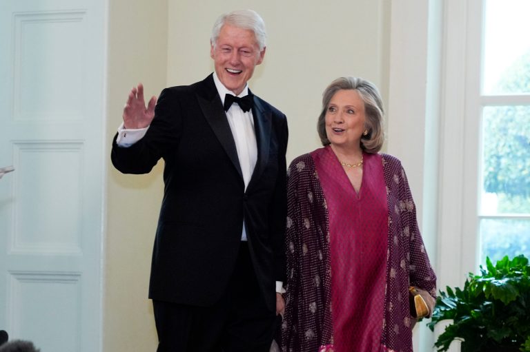 Former President Bill Clinton and former Secretary of State Hillary Rodham Clinton, arrive at the Booksellers area of the White House for the State Dinner hosted by President Joe Biden and first lady Jill Biden for Japan's Prime Minister Fumio Kishida, and wife Kishida Yuko, Wednesday, April 10, 2024, in Washington.  (AP Photo/Jacquelyn Martin)