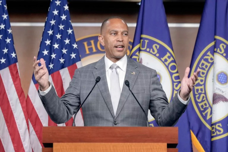 House Minority Leader Hakeem Jeffries (D-NY) speaks during his weekly news conference, Thursday, June 27, 2024, on Capitol Hill in Washington.