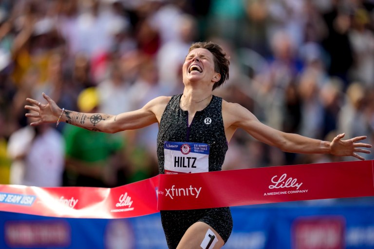 Nikki Hiltz wins the women's 1500-meter final during the U.S. Track and Field Olympic Team Trials, Sunday, June 30, 2024, in Eugene, Oregon. (AP Photo/Charlie Neibergall)
