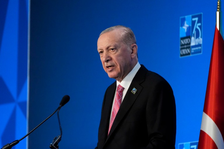 Turkish President Recep Tayyip Erdoğan speaks during a news conference, Thursday, July 11, 2024, during the NATO summit in Washington.
