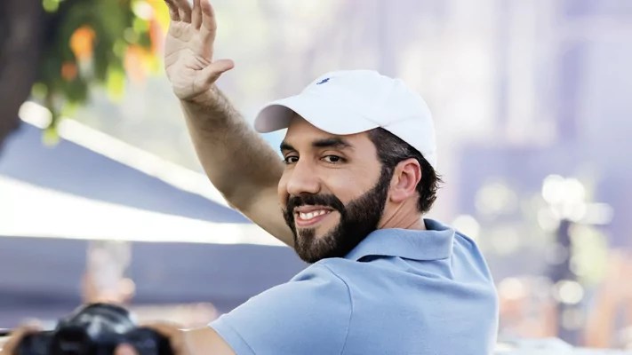 Salvadoran President Nayib Bukele waves after voting on election day in San Salvador, El Salvador, Feb. 4, 2024.