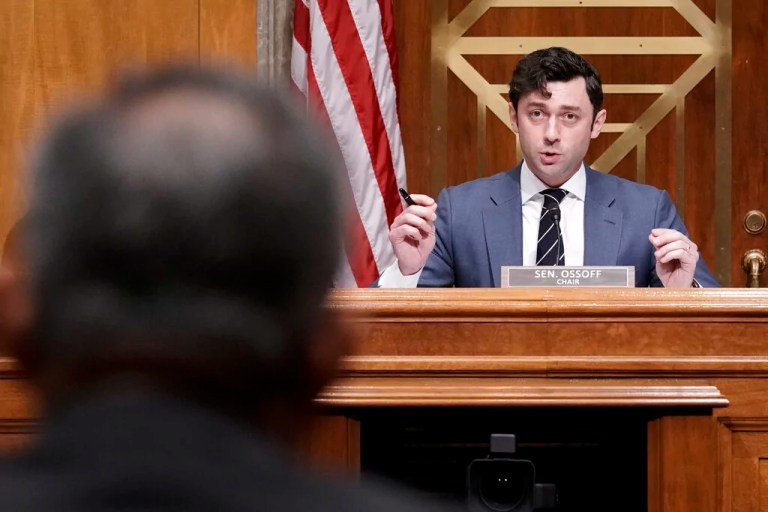 Sen. Jon Ossoff (D-GA) questions Michael Carvajal, the outgoing director of the Federal Bureau of Prisons, as the Senate Permanent Subcommittee on Investigations holds a hearing on charges of corruption and misconduct at the U.S. Penitentiary in Atlanta, at the Capitol in Washington, Tuesday, July 26, 2022.