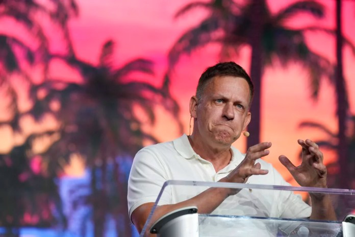 Peter Thiel, co-founder of PayPal and Palantir, gives a keynote address at the Bitcoin Conference, Thursday, April 7, 2022, in Miami Beach, Fla. (AP Photo/Rebecca Blackwell)