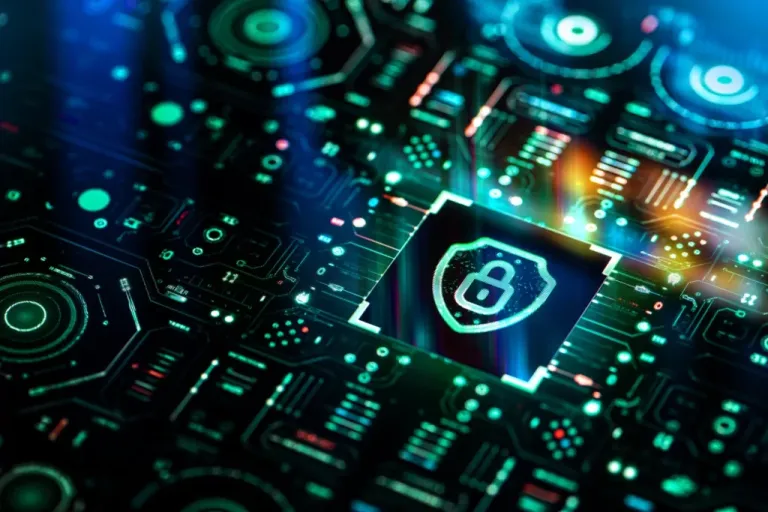 Digital security and privacy background. Cyber and crypto security shield on futuristic screen technology background.