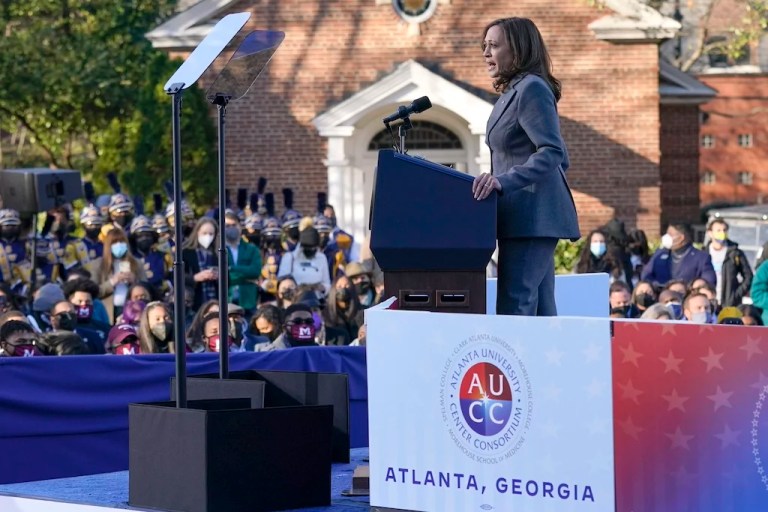 Harris swoops into Atlanta with Democrats saying she has put Georgia ‘in play’