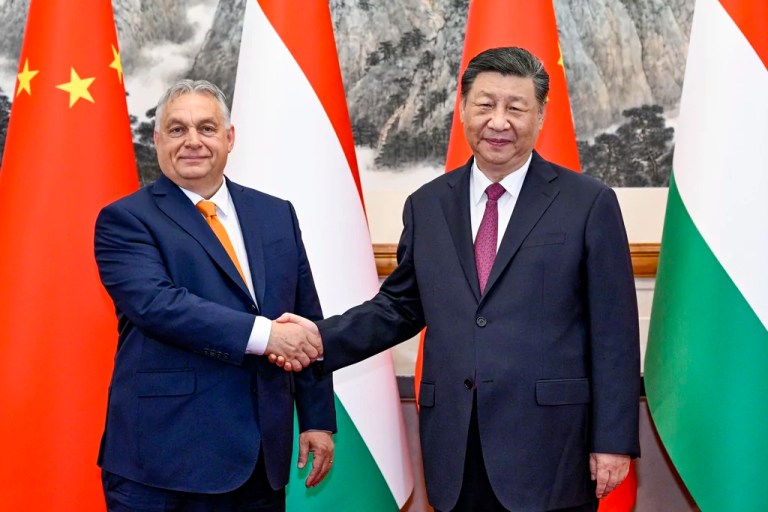 In this photo released by Xinhua News Agency, Hungarian Prime Minister Viktor Orbán, left, shakes hands with Chinese President Xi Jinping before a meeting at the Diaoyutai State Guesthouse in Beijing, Monday, July 8, 2024.