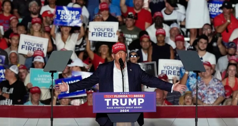 Trump punts on VP but challenges Biden to golf match and ‘man to man’ debate at Florida rally