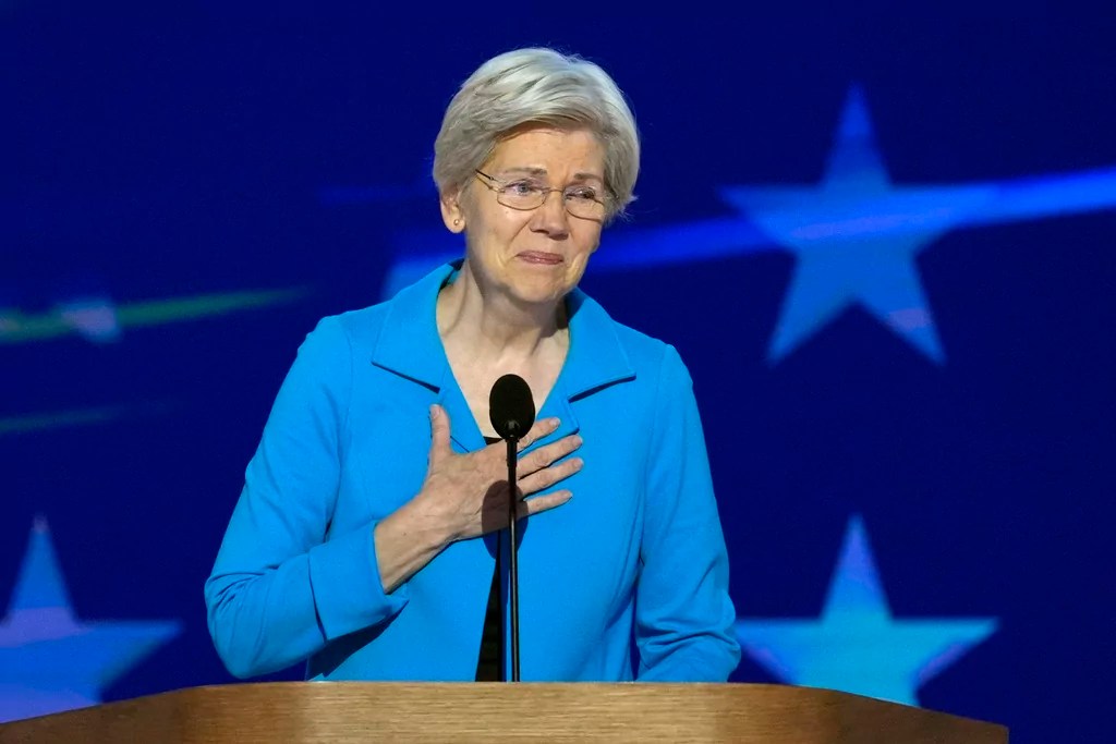 Sen. Elizabeth Warren cries after a standing ovation at DNC