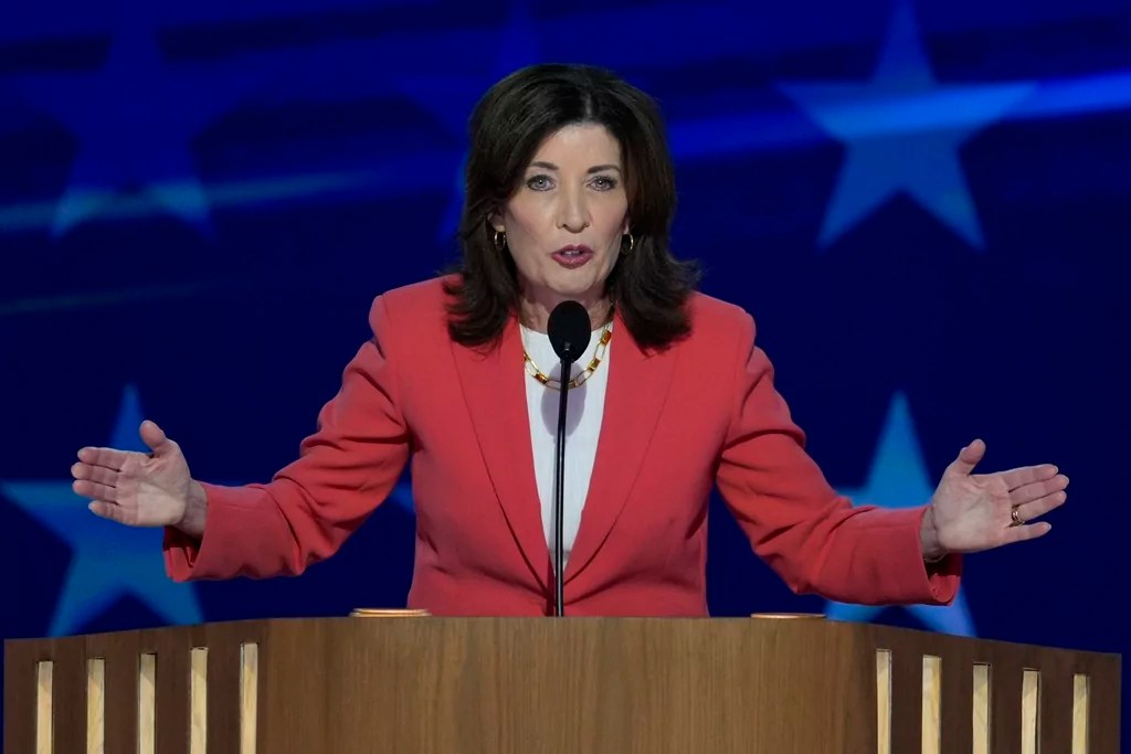 New York Gov. Kathy Hochul speaks during the Democratic National Convention Monday, Aug. 19, 2024, in Chicago. 