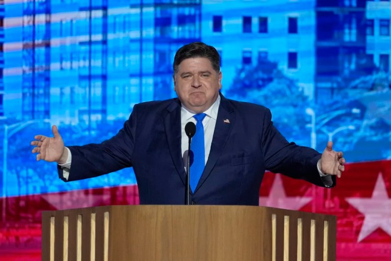 Illinois Gov. JB Pritzker speaking during the Democratic National Convention Tuesday, Aug. 20, 2024, in Chicago.