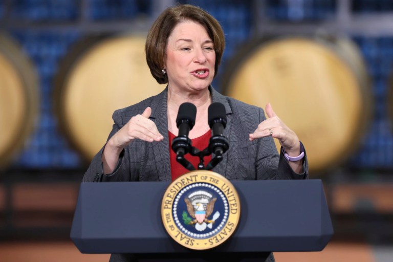 Sen. Amy Klobuchar (D-MN) speaks at Earth Rider Brewery before President Joe Biden, Thursday, Jan. 25, 2024, in Superior, Wisconsin.