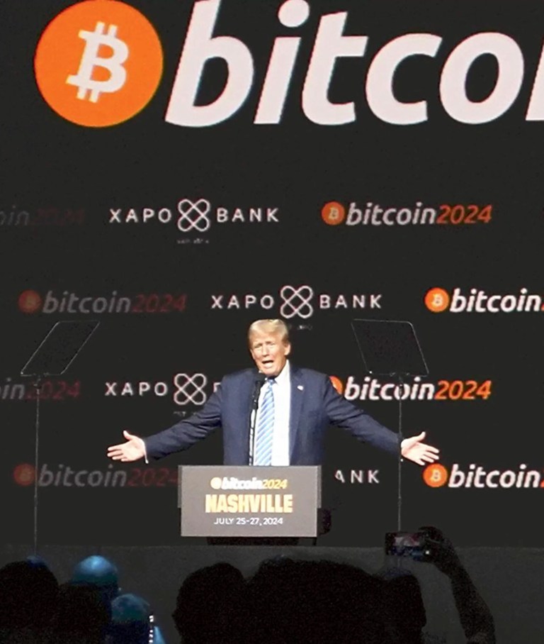 Former President Donald Trump delivers a speech during an event of crypto assets in Nashville, Tennessee.