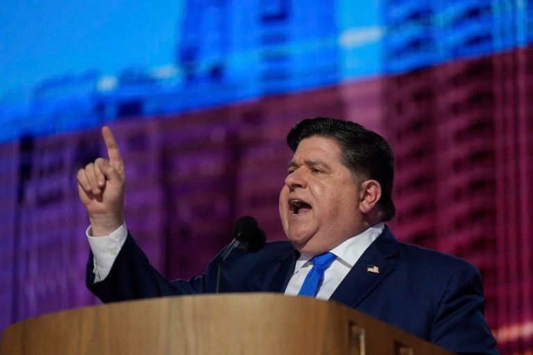 Gov. JB Pritzker (D-IL) speaks during the Democratic National Convention, Tuesday, Aug. 20, 2024, in Chicago.