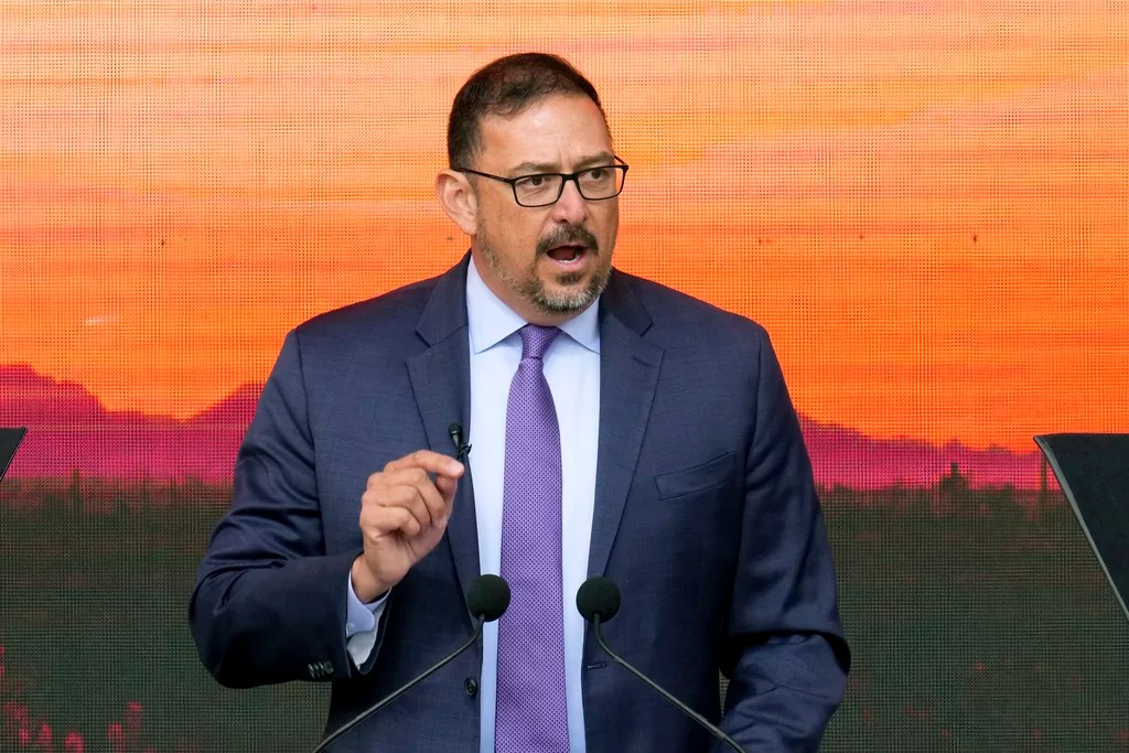 FILE - Arizona Secretary of State Adrian Fontes speaks after taking the oath of office at the Arizona Capitol in Phoenix on Jan. 5, 2023. On Friday, Feb. 9, 2024, a conservative group filed a lawsuit against Fontes challenging parts of Arizona’s election procedures manual, which was released in late 2023 by Fontes' office. It's the third lawsuit that seeks to throw out provisions in the state’s guide for conducting elections. (AP Photo/Ross D. Franklin, File)