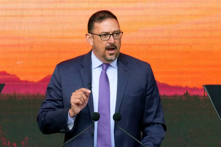 FILE - Arizona Secretary of State Adrian Fontes speaks after taking the oath of office at the Arizona Capitol in Phoenix on Jan. 5, 2023. On Friday, Feb. 9, 2024, a conservative group filed a lawsuit against Fontes challenging parts of Arizona’s election procedures manual, which was released in late 2023 by Fontes' office. It's the third lawsuit that seeks to throw out provisions in the state’s guide for conducting elections. (AP Photo/Ross D. Franklin, File)