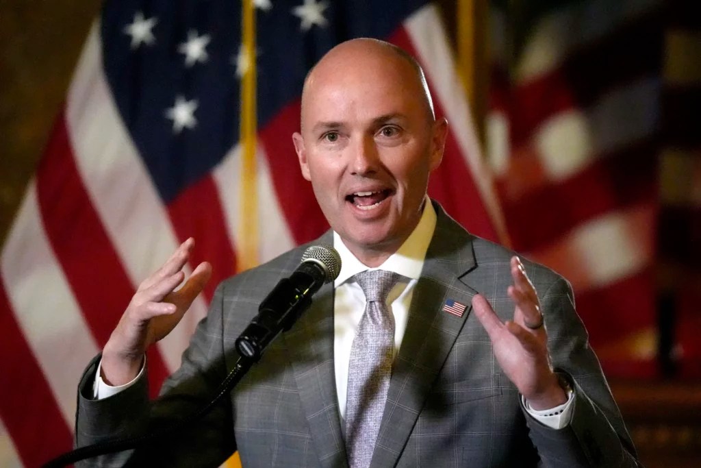 Utah Gov. Spencer Cox speaks during a news briefing during the final day of the Utah Legislature, March 1, 2024, in Salt Lake City. 
