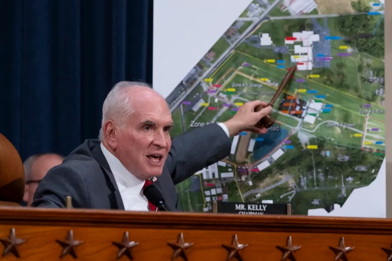Chairman Rep. Mike Kelly, R-Pa., speaks in front of a site map at the first public hearing of a bipartisan congressional task force investigating the assassination attempts against Donald Trump, at Capitol Hill in Washington, Thursday, Sept. 26, 2024. (AP Photo/Ben Curtis)