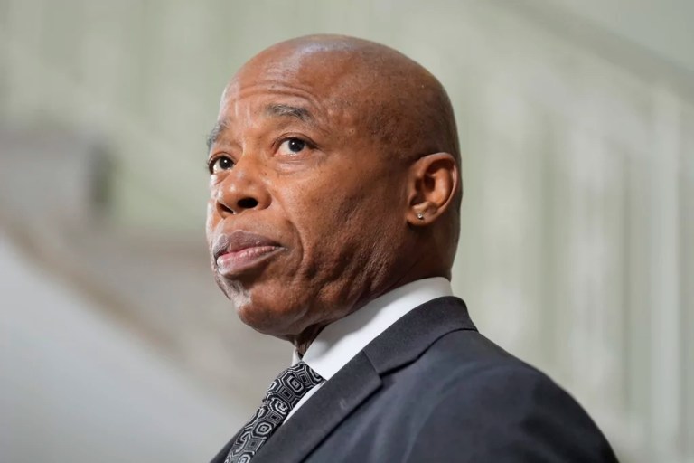 FILE - New York City Mayor Eric Adams speaks to members of the press at a news conference in New York City, Monday, Sept. 16, 2024. (AP Photo/Seth Wenig, File)