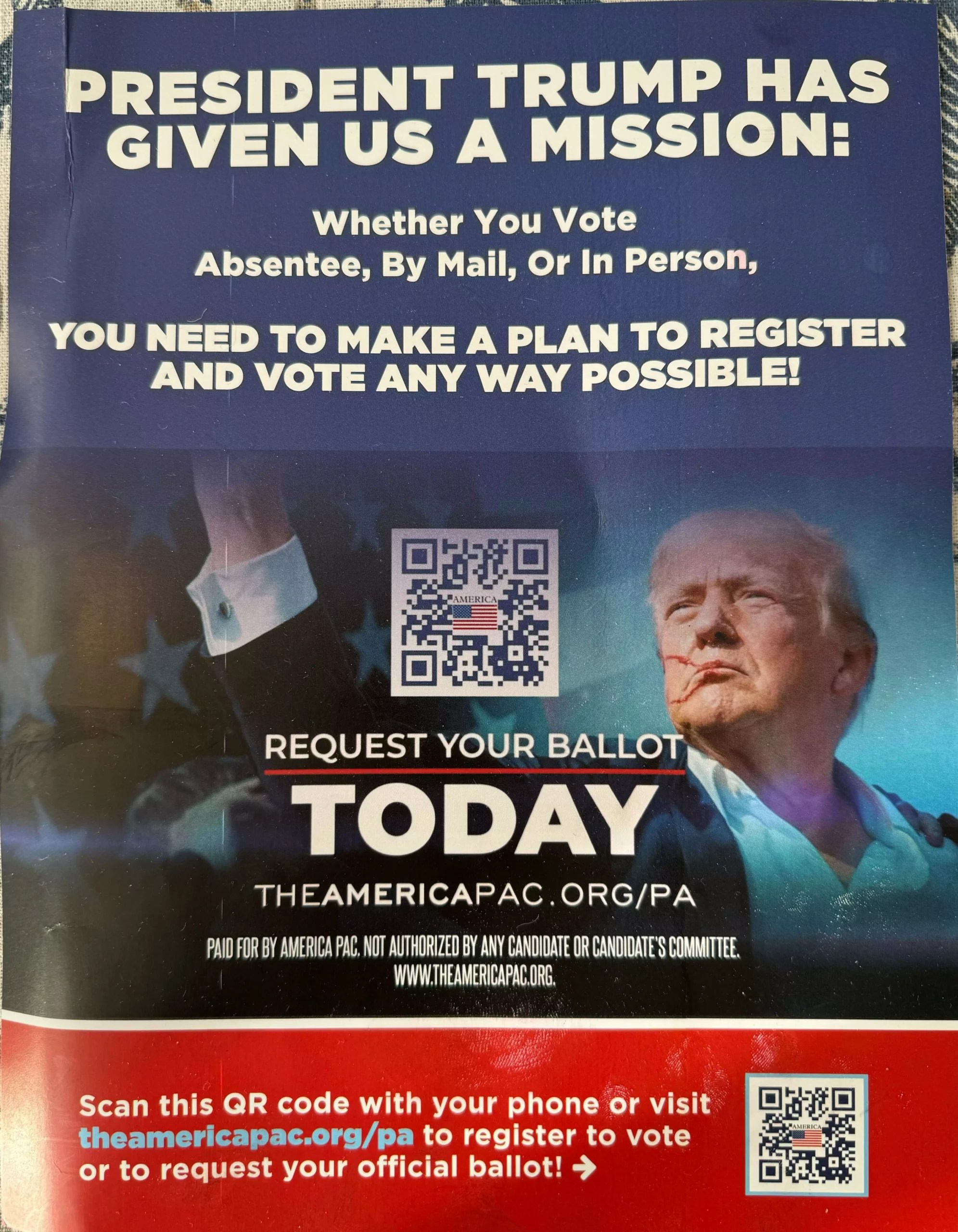 A get-out-the-vote mailer that features a photo of Trump with the caption "President Trump has given us a mission."  