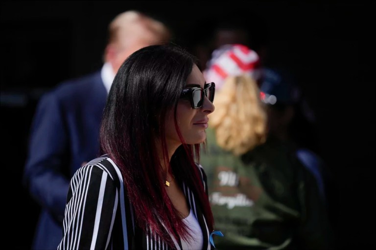 Laura Loomer walks as Republican presidential nominee former President Donald Trump visits the Shanksville Volunteer Fire Company in Shanksville, Pa., Wednesday, Sept. 11, 2024.