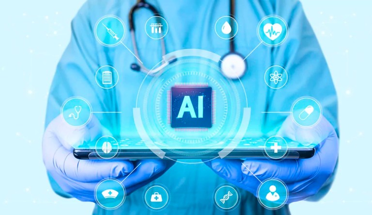 Doctor analyzes an artificial intelligence processor on a light blue background. AI development concept for healthcare. Intelligent AI learning system in medicine.
