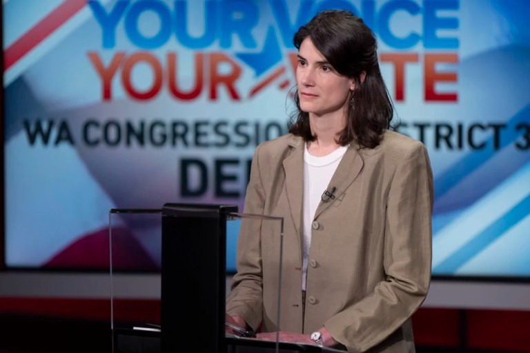 Washington 3rd District candidate Rep. Marie Gluesenkamp Pérez, D-Wash., attends a debate at KATU studios on Monday, Oct. 7, 2024, in Portland, Ore. (AP Photo/Jenny Kane)