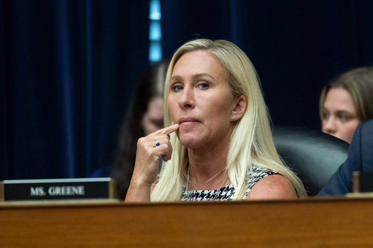 Rep. Marjorie Taylor Greene (R-GA) listens as former New York Gov. Andrew Cuomo testifies before the House Oversight Select Subcommittee's hearing on the COVID-19 pandemic on Capitol Hill in Washington, Tuesday, Sept. 10, 2024.