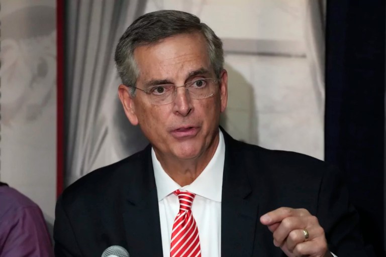 Georgia Secretary of State Brad Raffensperger is seen during an election forum, Thursday, Sept. 19, 2024, in Ann Arbor, Mich. (AP Photo/Carlos Osorio)