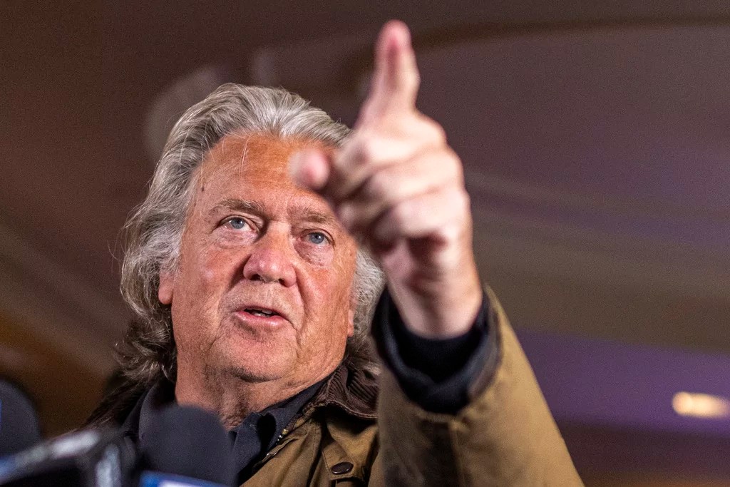 Steve Bannon speaks during a press conference after being released from the Federal Correctional Institution Danbury where he was incarcerated, Oct. 29, 2024, New York.