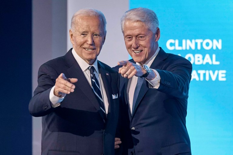 Bill Clinton, founder and board chair of the Clinton Foundation & 42nd President of the United States, right, and President Joe Biden gesture during the Clinton Global Initiative, on Monday, Sept. 23, 2024, in New York.