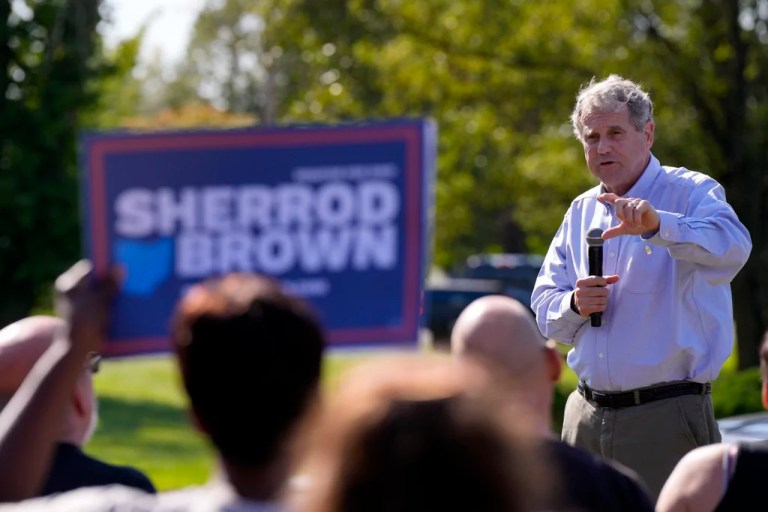 Republican senatorial candidate Sam Brown arrives to speak before Republican presidential nominee former President Donald Trump during a campaign event at the World Market Center, Friday, Sept.13, 2024, in Las Vegas.