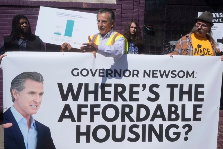 Oakland City Councilman Noel Gallo, center, speaks during a news conference and rally, Thursday, Sept. 26, 2024, in Oakland, California, calling for Gov. Gavin Newsom (D-CA) to build more affordable homes by 2030.