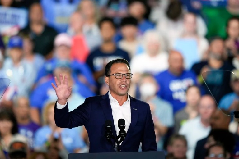 Gov. Josh Shapiro (D-PA) speaks before former Vice President Kamala Harris arrives for a campaign event, Friday, Sept. 13, 2024, Wilkes-Barre, Pennsylvania.