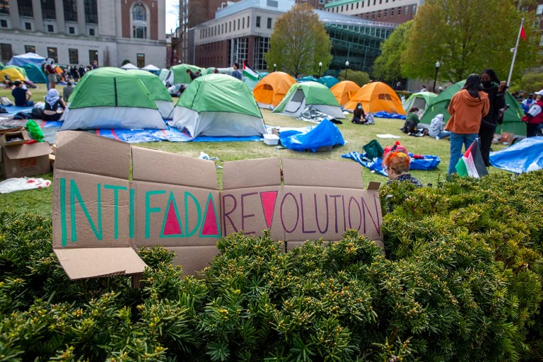 Students and other protesters in a tent camp on Columbia University's campus in New York, Wednesday, April 24, 2024.