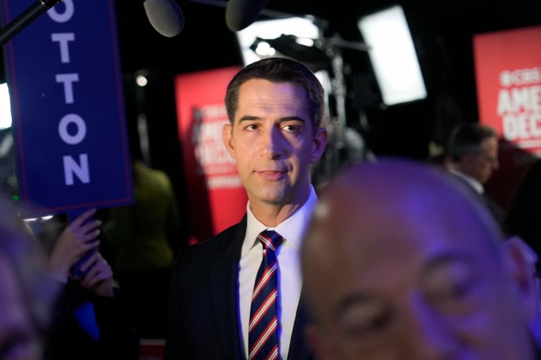 Sen. Tom Cotton, R-Ariz., speaks to reporters in the spin room after a CBS News vice presidential debate, Tuesday, Oct. 1, 2024, in New York.