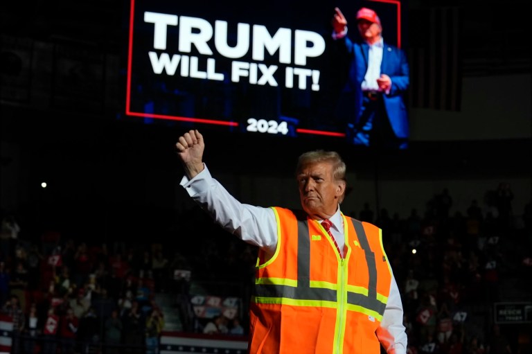 President Donald Trump gestures after speaking at a campaign rally at Resch Center, Wednesday, Oct. 30, 2024, in Green Bay, Wisconsin.