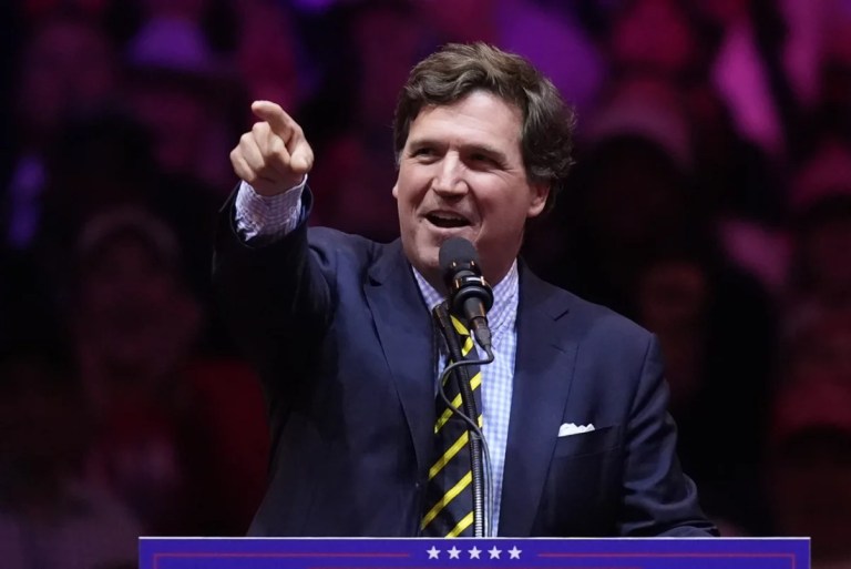 Tucker Carlson speaks before former President Donald Trump at a campaign rally at Madison Square Garden, Sunday, Oct. 27, 2024, in New York. (AP Photo/Evan Vucci)