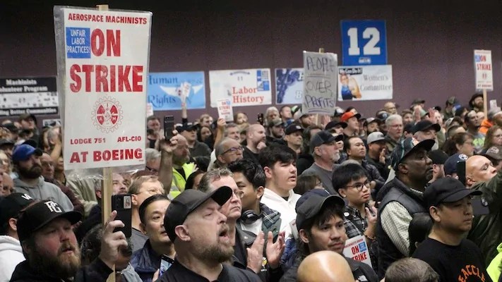 Boeing machinists, labor allies, and elected officials rally in Seattle at their union hall, Tuesday, Oct. 15, 2024.